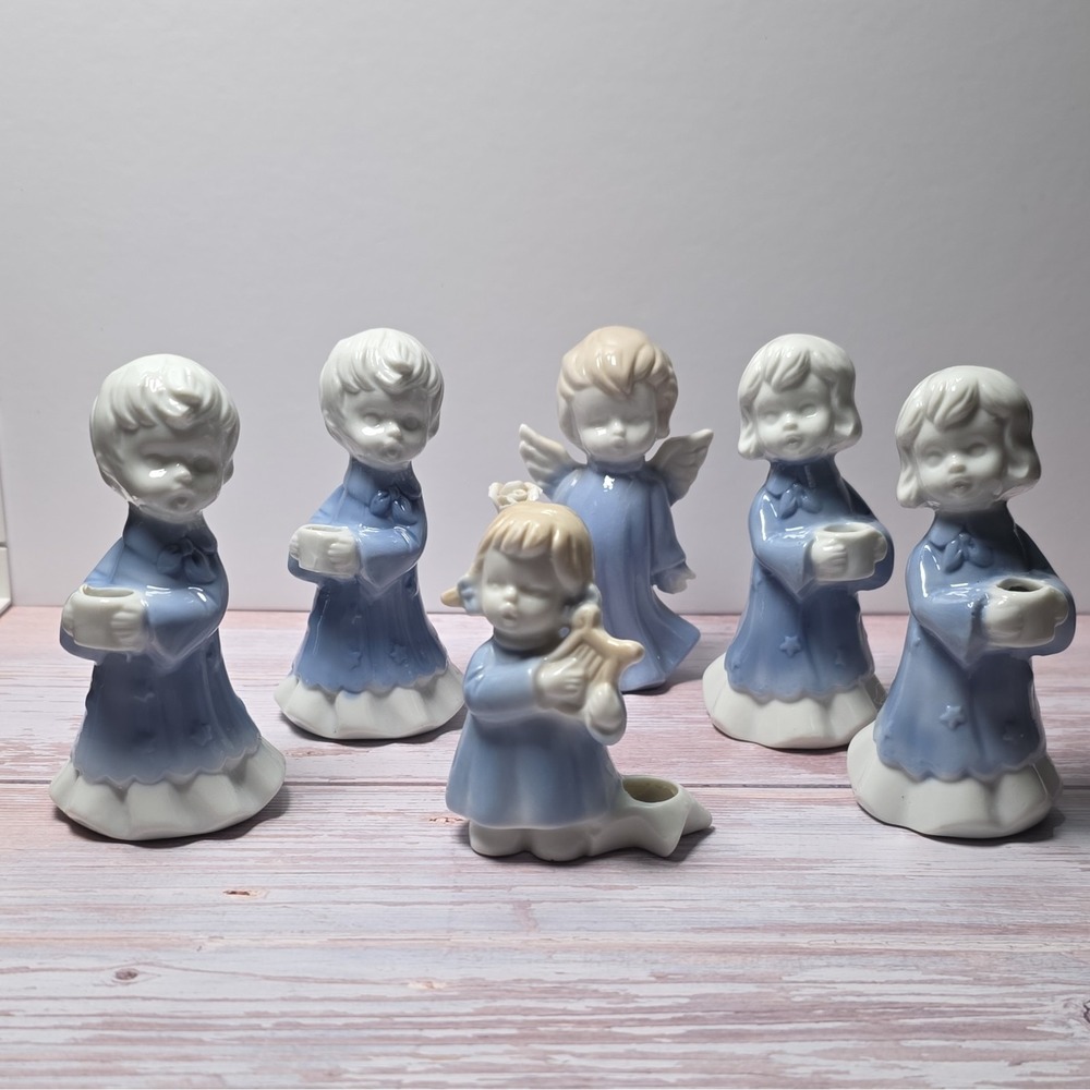 Set of 6 Blue & White Glazed Ceramic Angel Candle Holder Figurines Made Korea